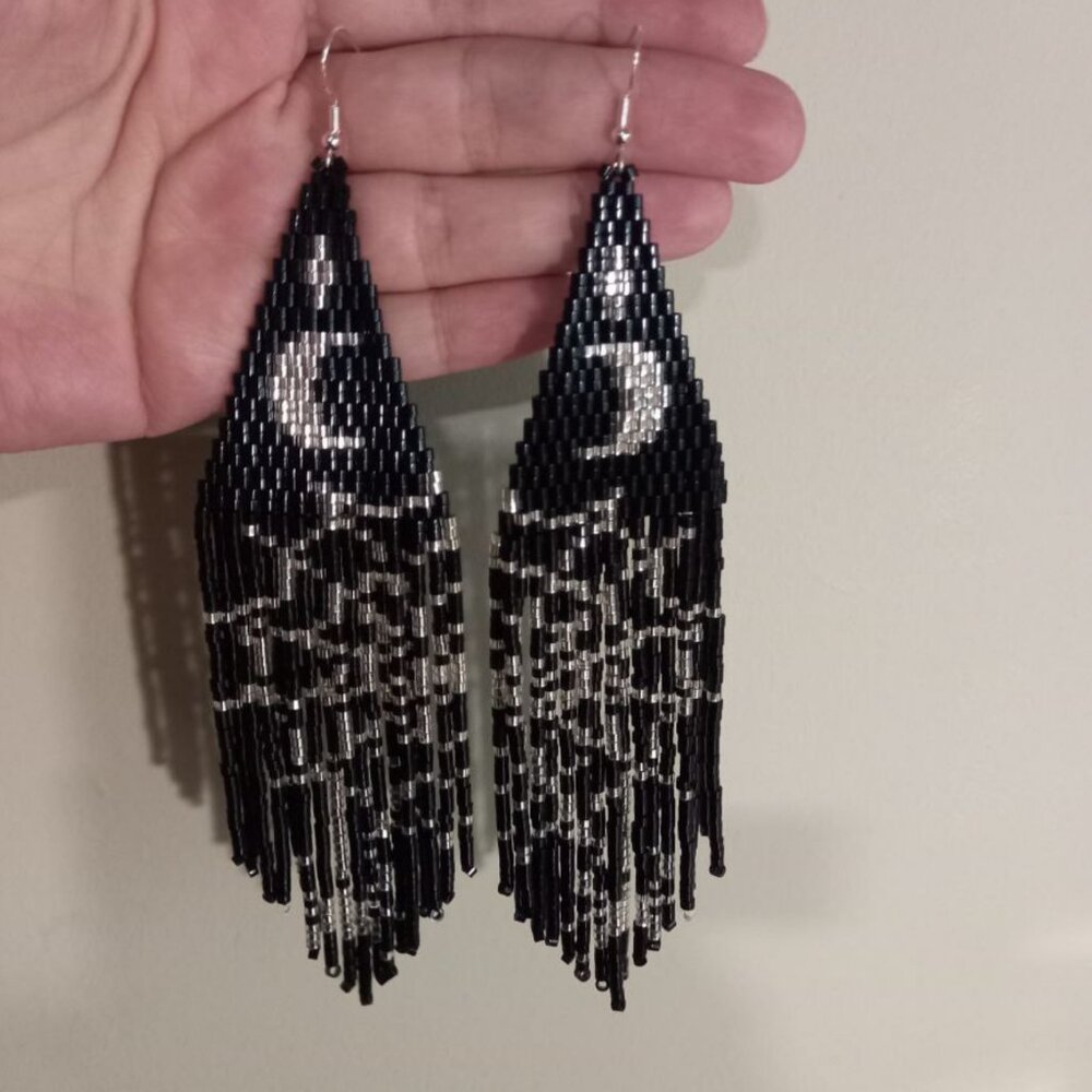 Midnight Moon & Spiderweb Beaded Earrings – Silver 925 Hooks - Picture 3 of 4
